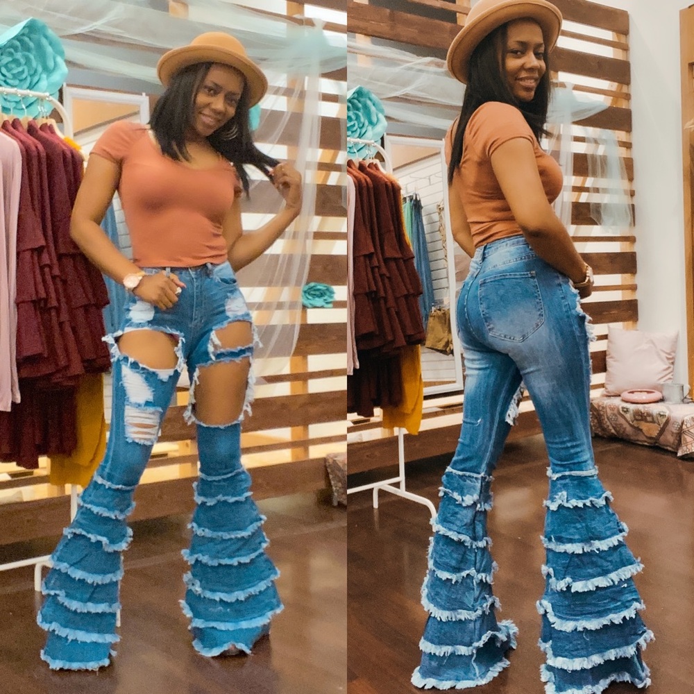 Tiered Ruffle Denim Medium Wash